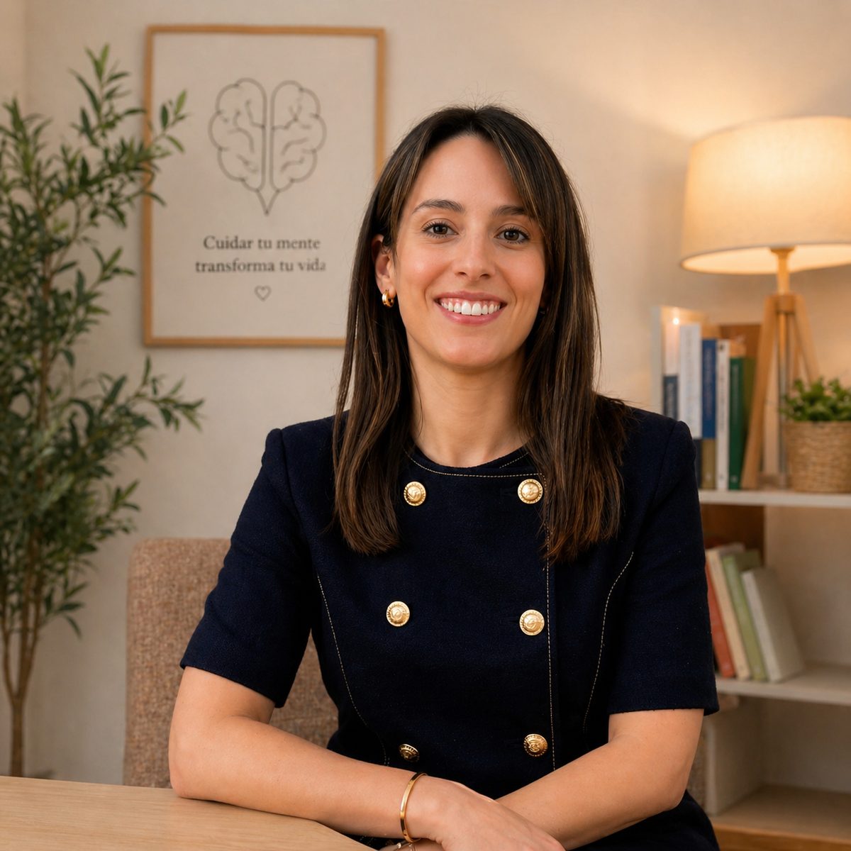 Ángela García, psicóloga, sonriendo sentada en su consulta